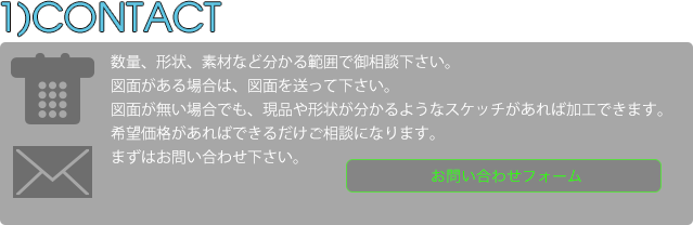 数量、形状、素材など分かる範囲で御相談下さい。図面がある場合は、図面を送って下さい。図面が無い場合でも、現品や形状が分かるようなスケッチがあれば加工できますので、まずはお問い合わせ下さい。